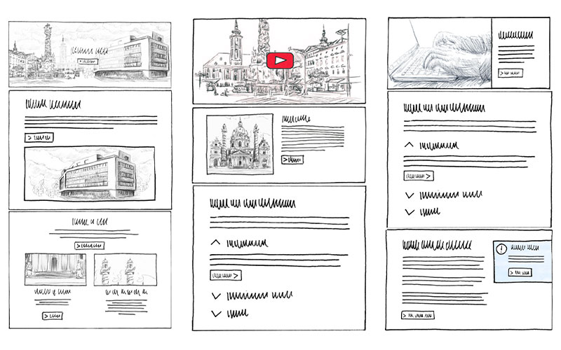 Ansicht von 3 Wireframes nebeneinander: 3 Pakete